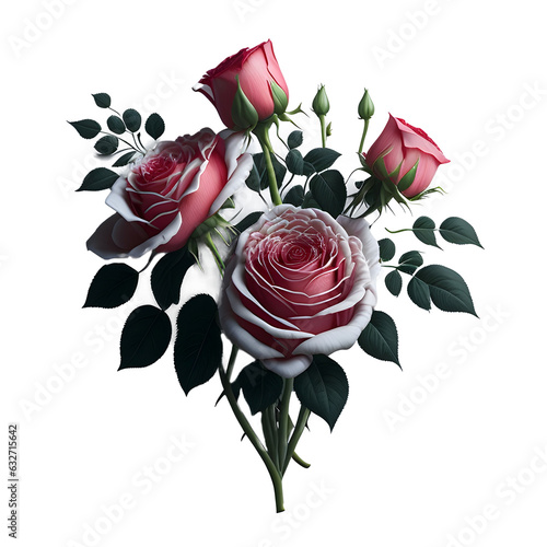 hermoso ramo de flores, rosas, flores rosas con blanco realistas con tallo y planta verde debajo, IA generativa	