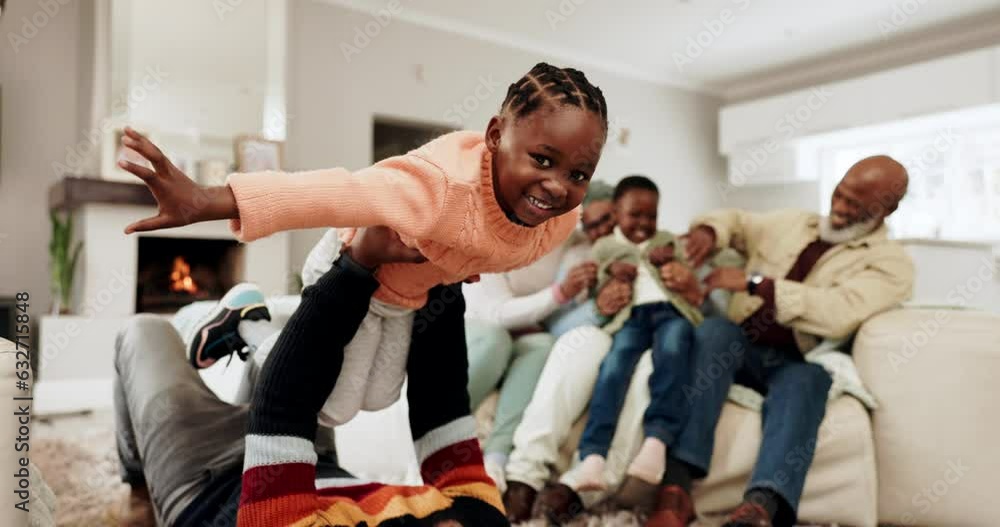 Happy, plane and playful with black family in living room for relax, freedom and support. Love, smile and happiness with father and child playing at home for bonding, game and care together Happy, plane and playful with black family in living room for relax, freedom and support. Love, smile and happiness with father and child playing at home for bonding, game and care together