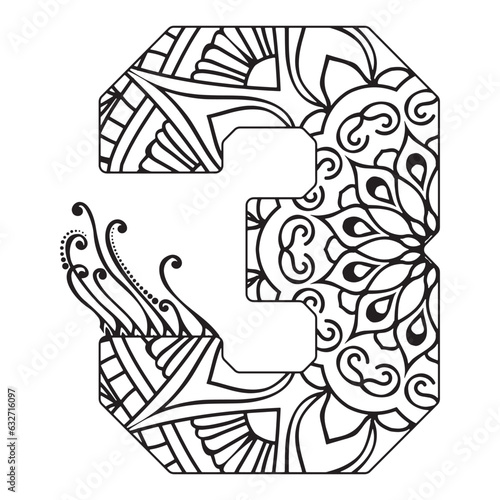 Creative number three featuring intricate mandala pattern design ideal for relaxing adult coloring