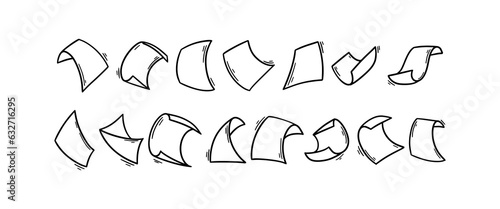 Flying paper sheets in doodle style. Hand drawn blank document pages. Falling files of documents. Office business vector illustration.