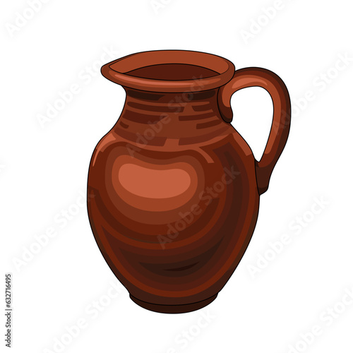 Clay pitcher, traditional ceramic pottery. Ceramic jug, earthenware pot, old traditional vase with handle. Crock craft vector illustration, stock image. Brown jar, ancient amphora pot