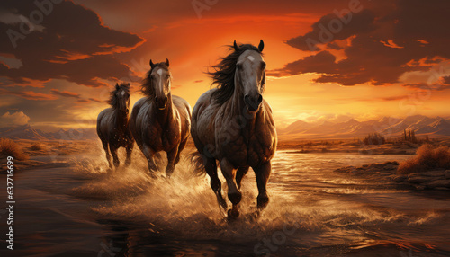 A plain with a sunset in the background and three horses 3D ultra realistic,generative ai