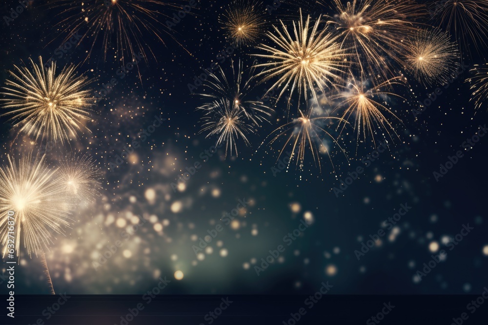 Abstract New Year's backdrop Fireworks in outer space with bokeh in gold and silver. Generative AI Abstract New Year's backdrop Fireworks in outer space with bokeh in gold and silver. Generative AI
