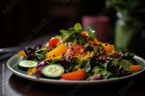 A colorful salad with mixed greens, tomatoes, cucumbers, and carrots, Food, bokeh 