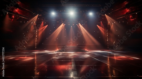 3D-rendered scene featuring an empty stage bathed in the glow of powerful spotlights 16:9 