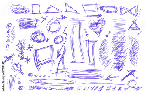 Set hand drawn blue ball pen shapes isolated on white, doodle