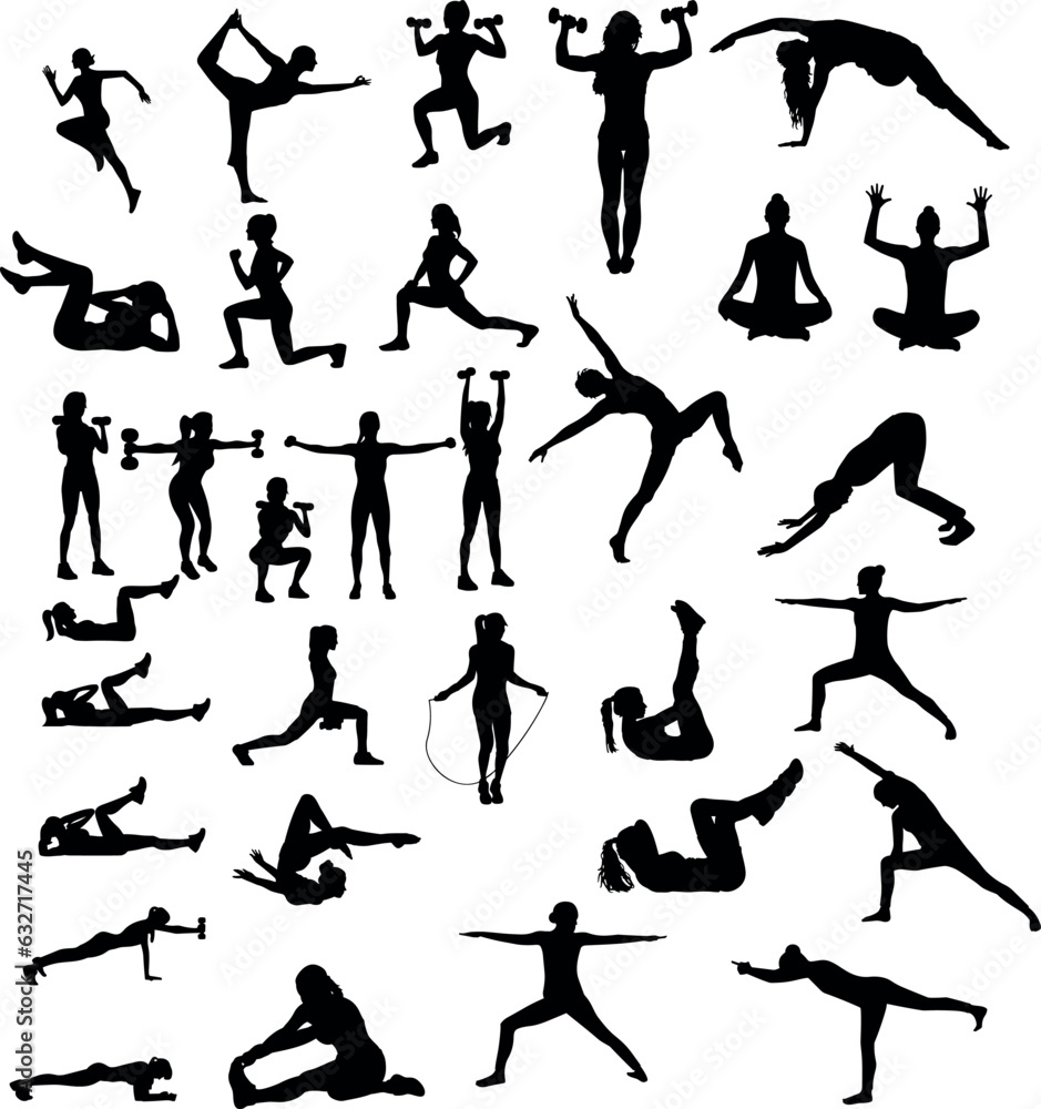 Women Exercise Yoga Silhouette Set Women Exercise Yoga Silhouette Set