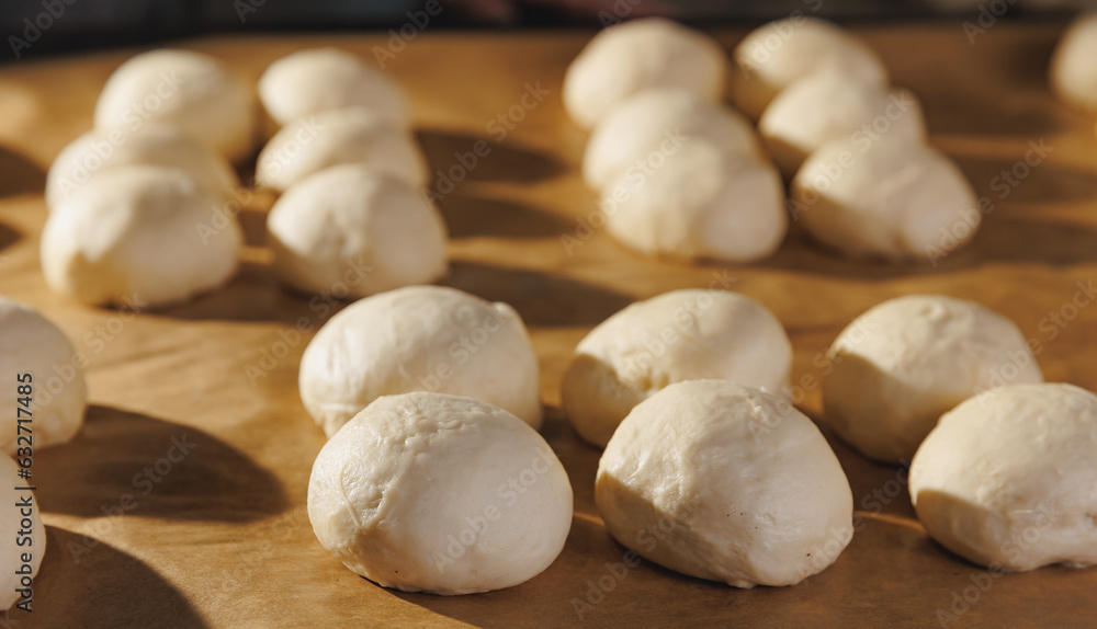 Automated bakery production line, food industry banner. Fresh Dessert bread baking in oven Automated bakery production line, food industry banner. Fresh Dessert bread baking in oven