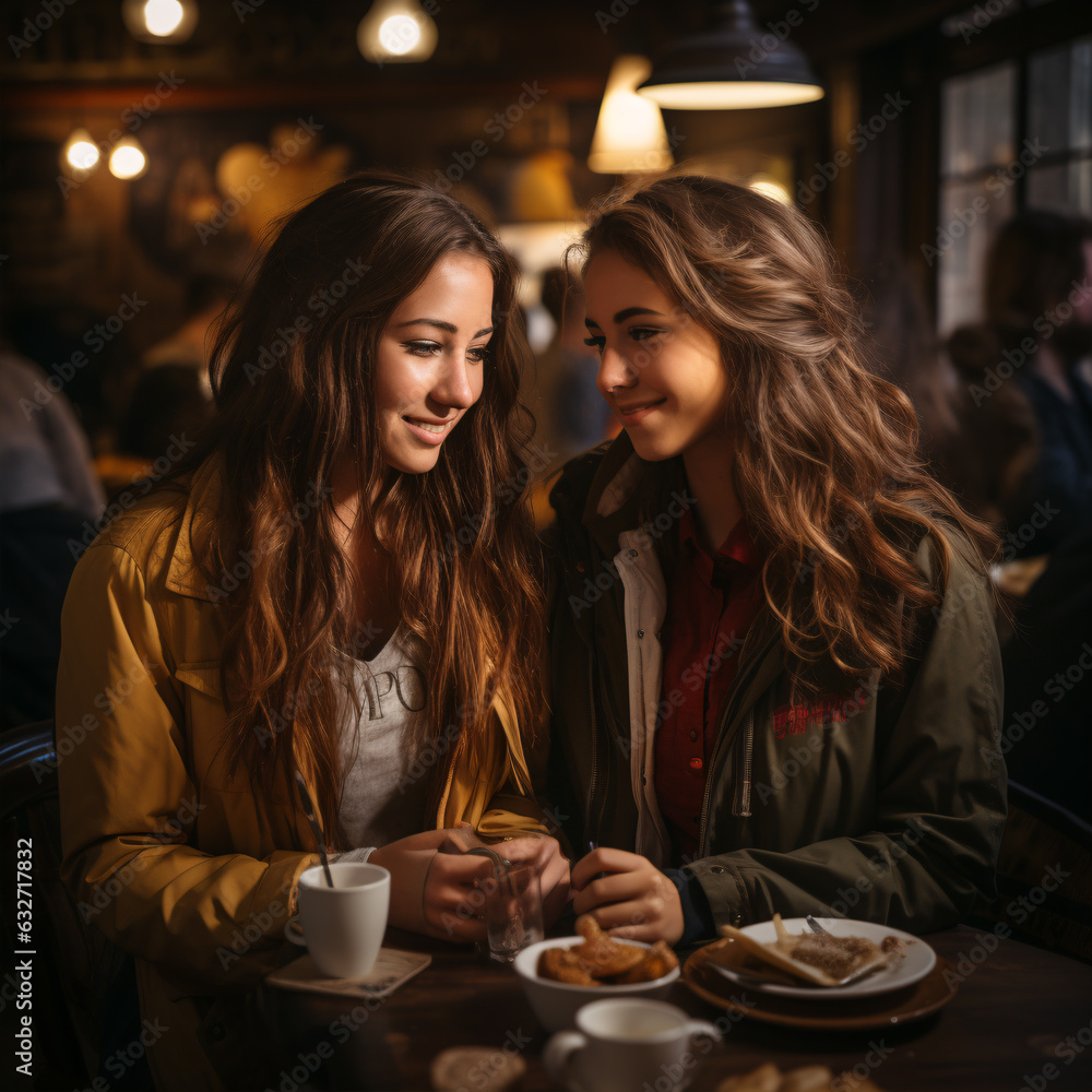 Dating. Pretty models in love. Young couple women in cafe dating. Young happy beautiful girls. Two girlfriends. Two cute girls dating. Sensual lesbians couple.