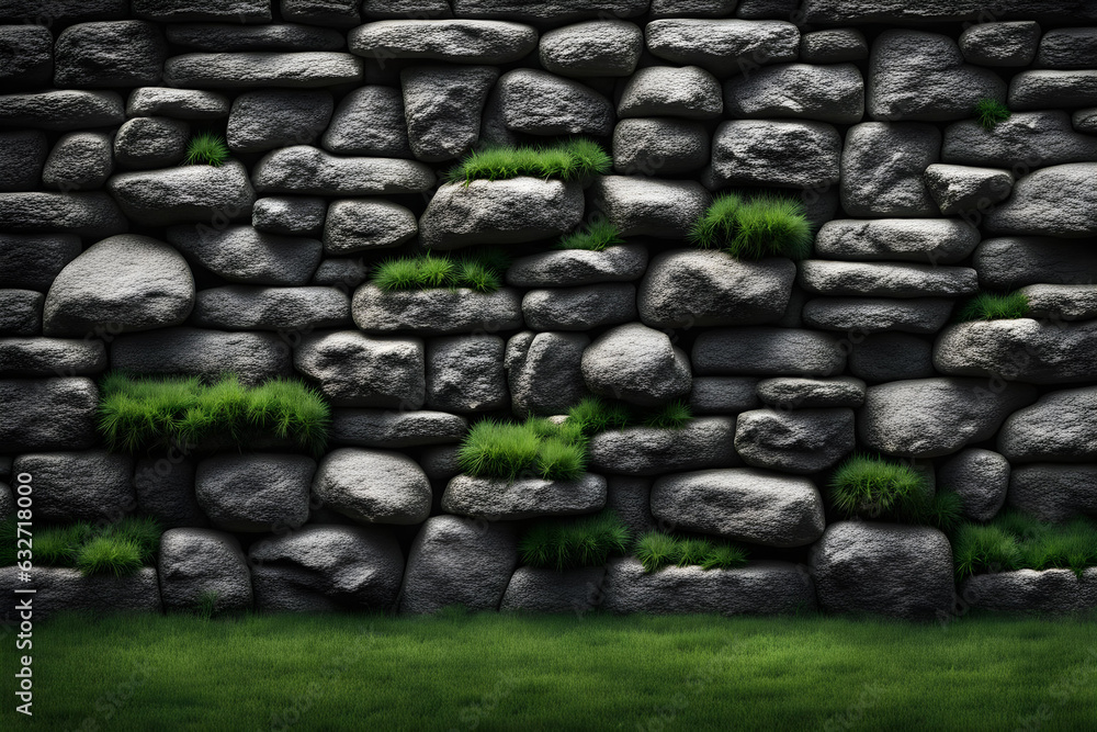 Black texture from Rock wall and green grass Background Black texture from Rock wall and green grass Background