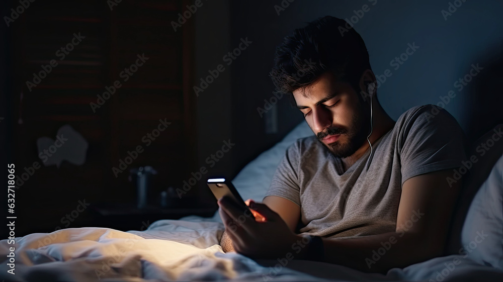 Depressed sleepy middle east young man. People using a smartphone on social media internet and sleeping on bed in bedroom at home.generative ai