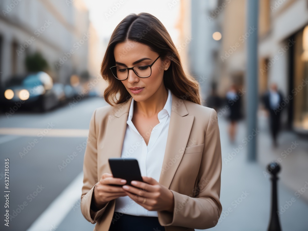 Close-up image of business woman watching smart mobile phone device outdoors. Businesswoman networking typing an sms message in city street
