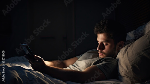 Depressed sleepy middle east young man. People using a smartphone on social media internet and sleeping on bed in bedroom at home.