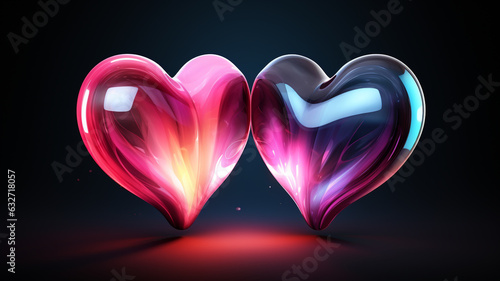 2 Herzen in Neon Farben mit Lichteffekten auf dunklem Hintergrund. Lovestory Romance. Querformat. Generative Ai.