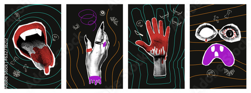 Halloween halftone collage poster set for mixed media design. Witch, monster hands, vampire mouth and crazy eyes. Spooky modern cut out elements and doodles. Vector illustration