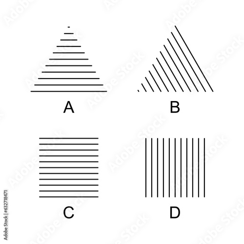 Helmholtz triangles and squares optical illusions. Equilateral triangle with horizontal lines appear higher (A), with angled lines it seems to move right (B). A square appears higher (C) or wider (D).