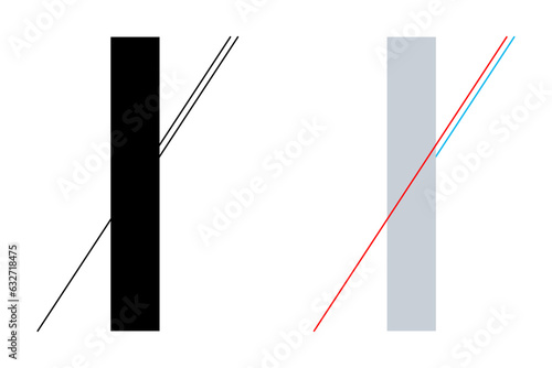 Poggendorff geometrical optical illusion. The continuation of the thin line from the lower left is confused with the shorter line on the right side below. The example on the right shows the deception.