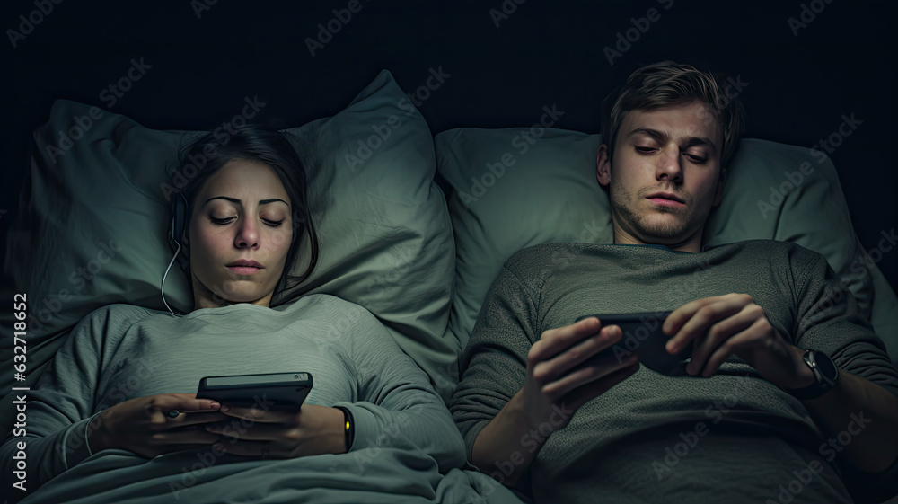 Fototapeta premium siding Couple Couple sleep with smartphones in their bed. Mobile phone addiction. Bored distant couple ignoring each other lying in bed at night while using mobile phones.