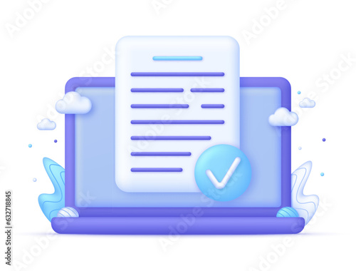 3D Document with check mark on Computer. Correctly icon. Symbols for accepted.