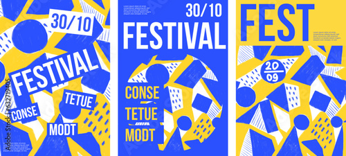 Set of templates with geometric abstract pattern. Poster with cubes and circles. Hand drawn chalk pattern in blue, yellow and white colors. Placard with typographic elements. Music fest banner