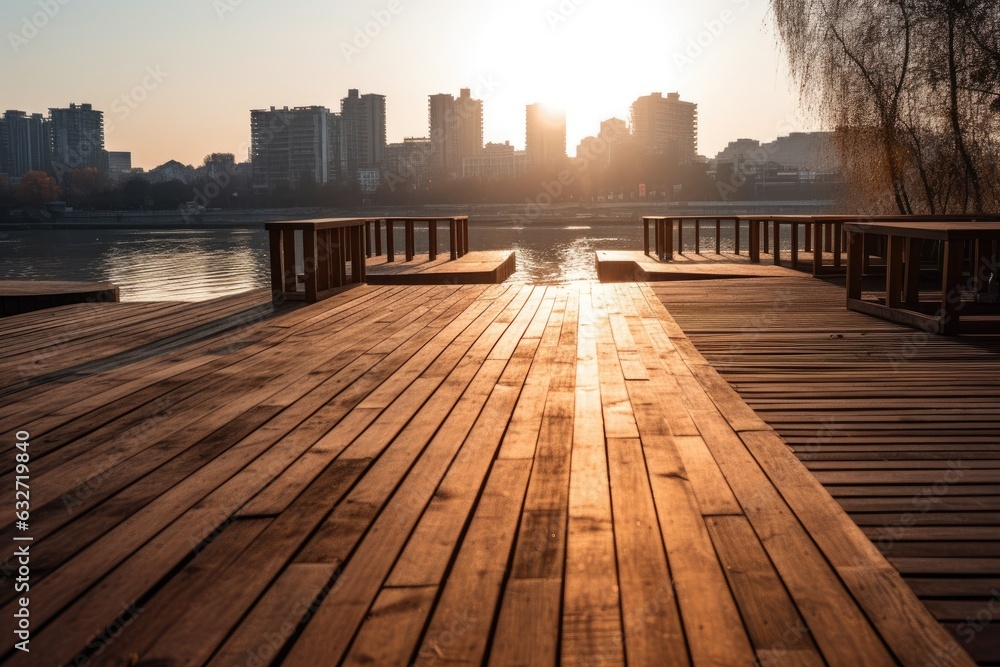 Naklejka premium A wooden platform existed before the contemporary city. Generative AI