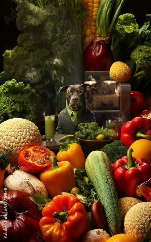 Vegetable healthy eating concept photo of A muscular Red nose pit bull dog in a dress made of fresh lettuce illustration generative ai