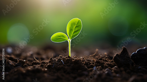 Young plant growing in the morning light and green nature bokeh background , new life growth ecology business financial progress concept, Earth Day