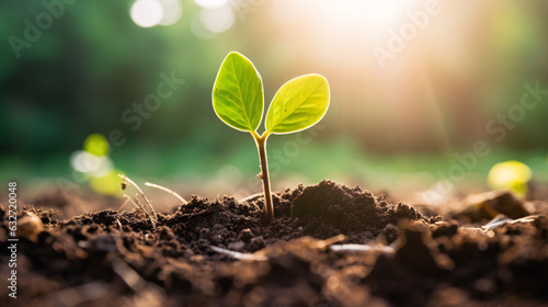 Young plant growing in the morning light and green nature bokeh background , new life growth ecology business financial progress concept, Earth Day