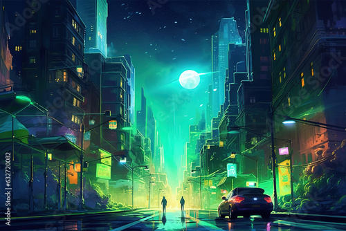 Night city. Megapolis. Night street. Full moon. Generative AI