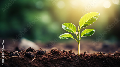 Young plant growing in the morning light and green nature bokeh background   new life growth ecology business financial progress concept  Earth Day