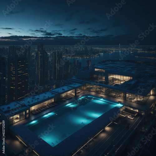 Modern Skyscraper Roof Top Exterior With Large Swimming Pool, Panoramic City View, Generative AI