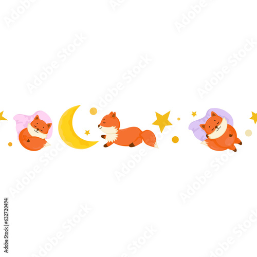 Seamless border with cute red sleeping foxes with moon and stars. Kids print background.