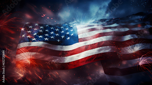 United States of America waving flag and fireworks on dark backdrop, USA Independence Day concept.