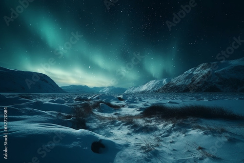 Aurora borealis above an icy landscape, Space, bokeh 