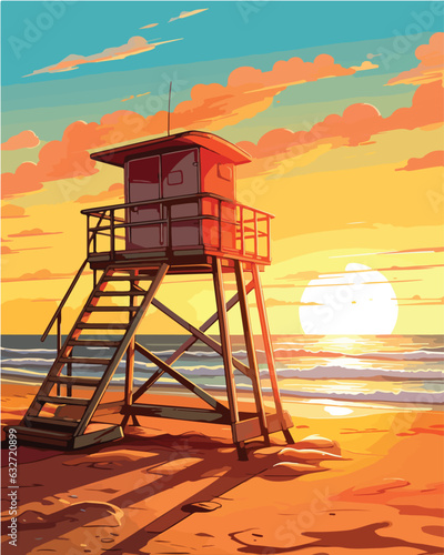 Lifeguard station on a beach with palm trees in a sunset sky. Vector illustration with tropical landscape. Summer card.