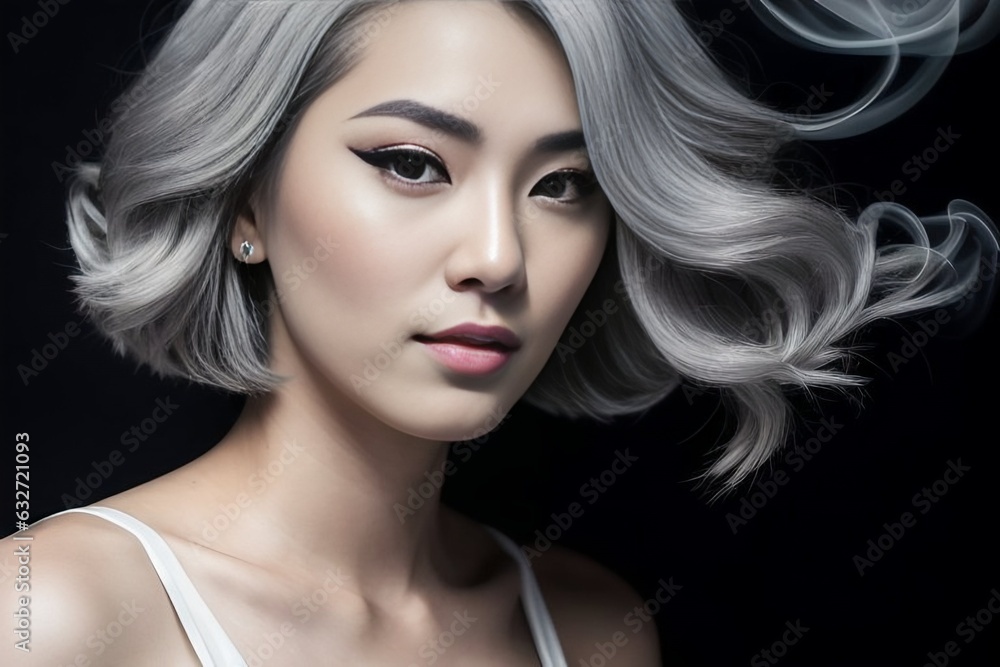 Close-up portrait of an Asian woman with gray hair on a black background Close-up portrait of an Asian woman with gray hair on a black background