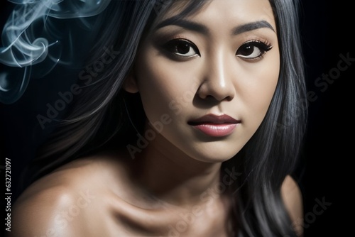 Close-up portrait of an attractive Asian woman with gray hair on a black background