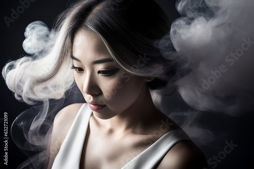 Portrait of a Japanese gray-haired girl with smoke in her hair.