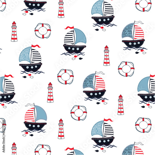 Sailing boat pattern with lifebuoys and lighthouse