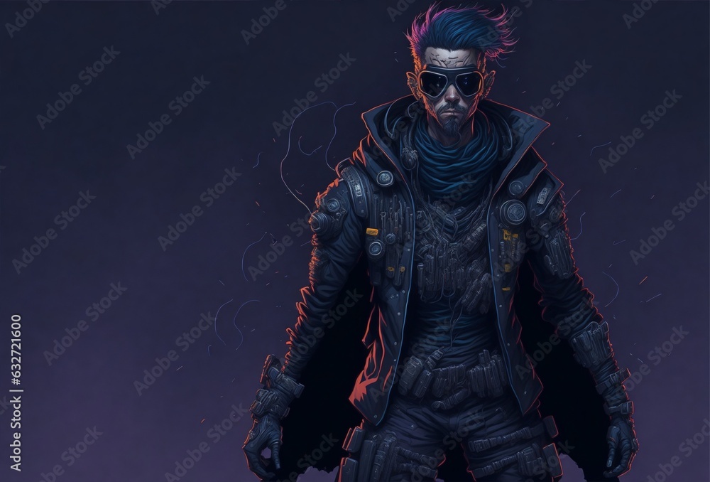 Fototapeta premium A portrait of a cyberpunk traveler in cartoon theme. Ai Generated