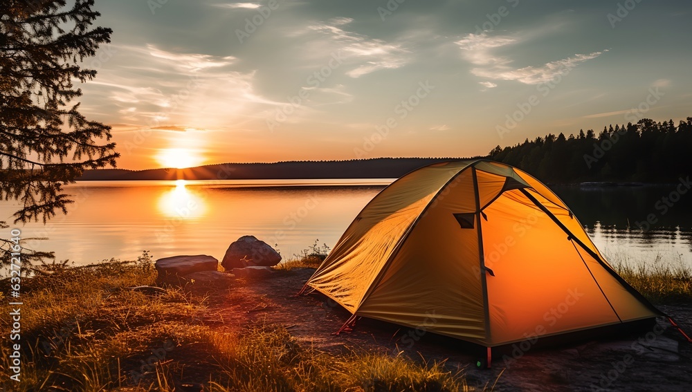 Tourist tent by the lake at sunset, generative AI