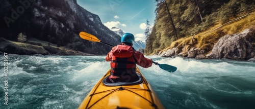 Whitewater kayaking, extreme kayaking. A guy in a kayak sails on a mountain river. © Adriana