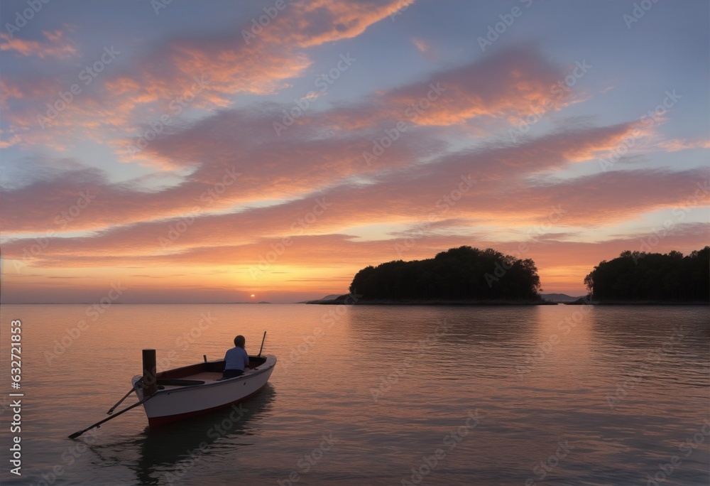 A Man Enjoying A peaceful sunset in a boat. Ai Generated.
