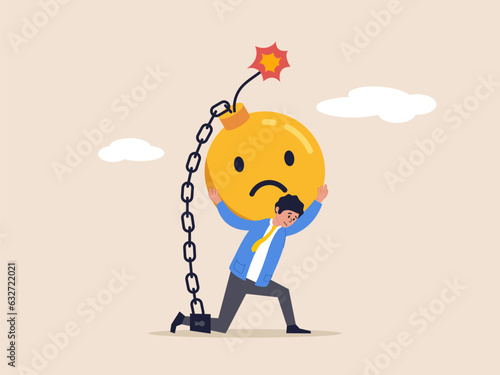 Emotional causing problem concept. Stressed burden, anxiety or negative thinking, anger, mental health or depression, overworked or overwhelmed, depressed businessman chain with sad face burden.