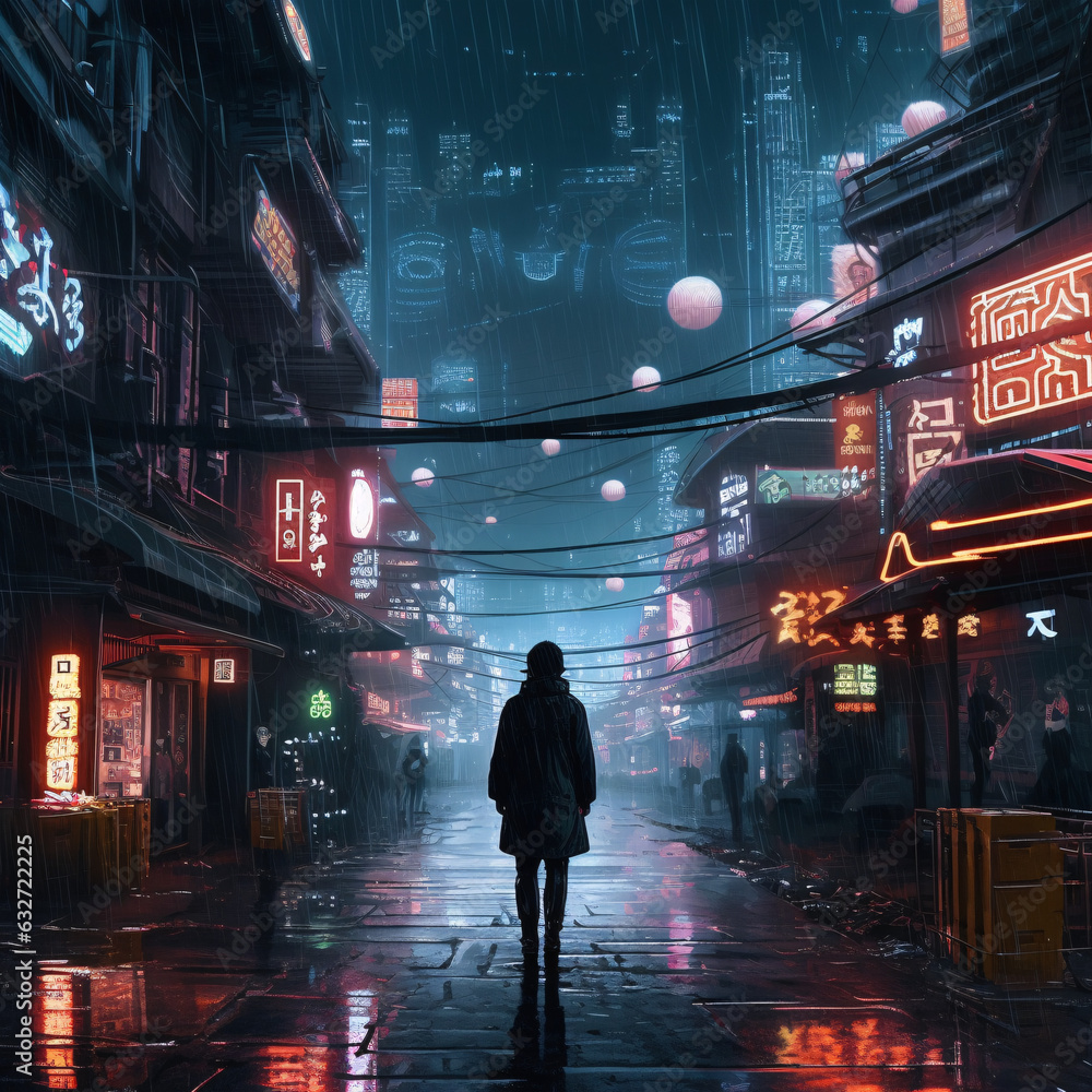 Illustration of a person standing on a street of a futureistic hard, bad world. generated with AI