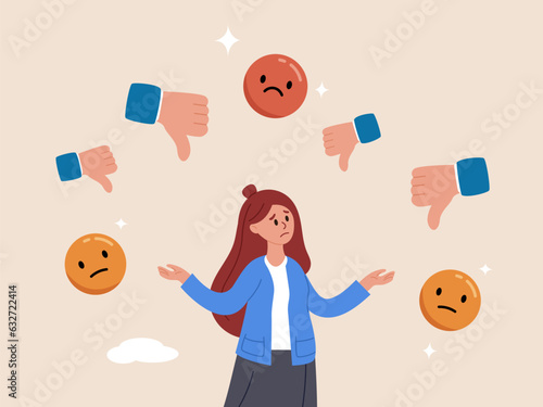 Business mistake or problem concept. Response to negative feedback, dislike or bad customer review rating, handle complaint, satisfaction or angry opinion, businesswoman response to negative feedback.