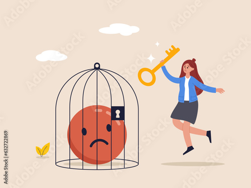Positive thinking concept. Bad mood and negative emotions closed in cage. Woman lock negative emoji in birdcage, good mood helps to live and work, mental health. Modern flat vector.