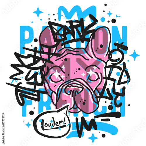 French Bulldog Head Risograph Aesthetic Illustration Tee Print Design for t shirt Printing Pardon My French Typography and Graffiti Tags Over Vector Graphic On White Background