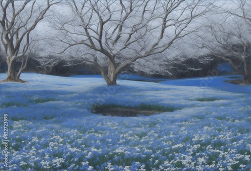 stunning art of landscape blue and white theme with beautiful sky blue flowers.