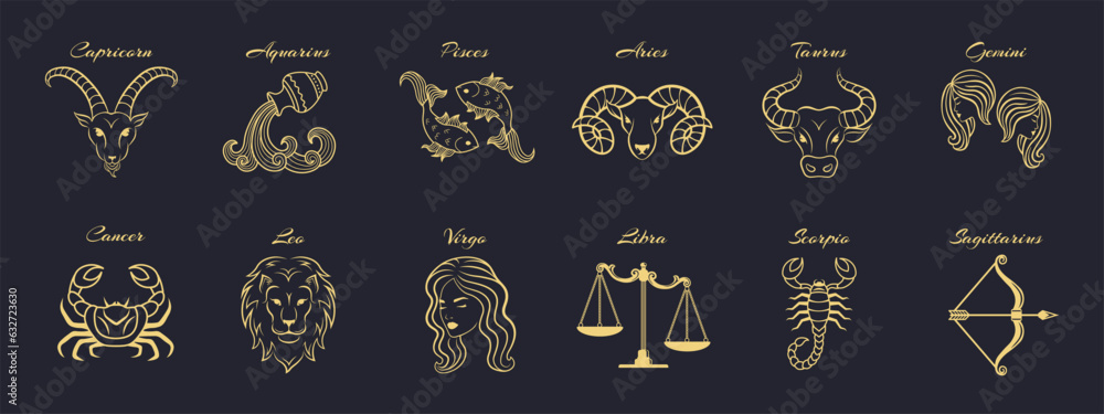 Set of zodiac signs. Symbols and icons of astrology horoscope. Vector illustrations - obrazy, fototapety, plakaty 